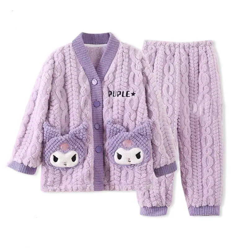 

Japan Sanrio Winter Flannel Parent Child Pajamas V-Neck Thickened Warm Long Sleeved Cardigan Kuromi Melody Coral Velvet Homewear