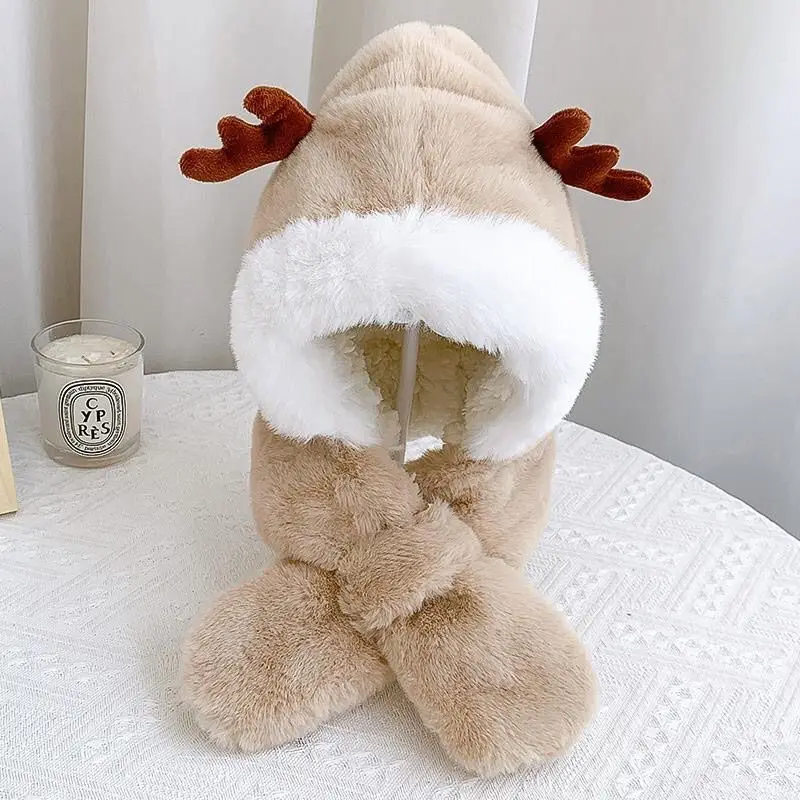 Winter children's hats scarves integrated men and girls thickened warm baby cute baby antlers windproof ear protection cap
