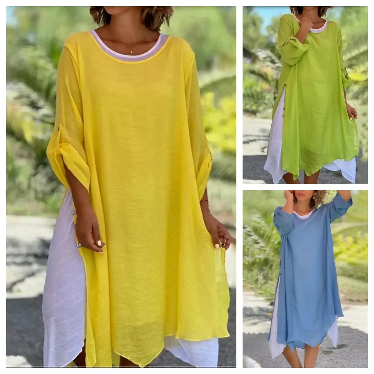 

Loose Dresses Women Vintage Round Neck Long Sleeve Side Splits Long Dress Ladies Irregular Clothes Outfits Beach Vestidos 2024