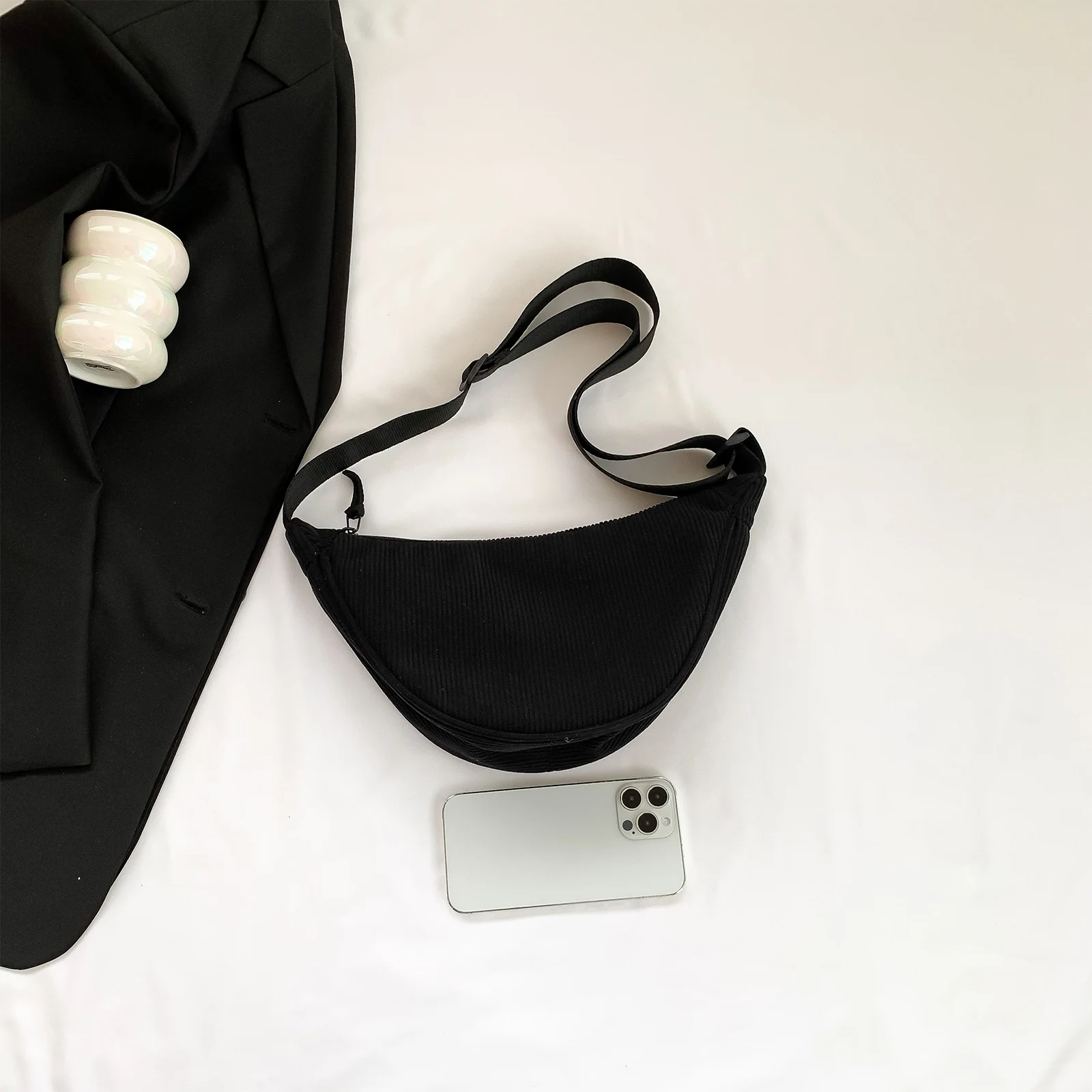 Corduroy Ladies Sling Bag Adjustable Strap Casual Commuting Bag