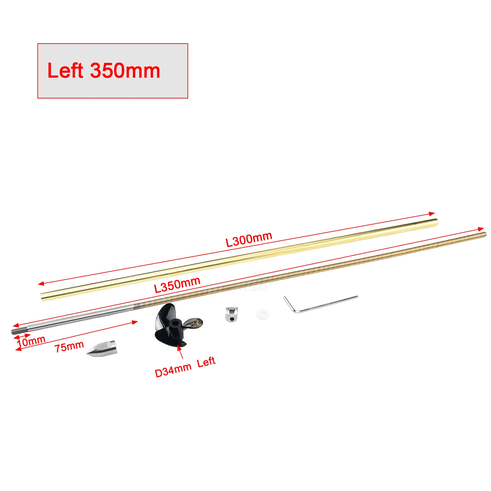 Gamme d'ailerons de bateau RC de différentes tailles (L450mm, L400mm, L350mm, L300mm, L250mm) alignés pour comparer leurs dimensions.