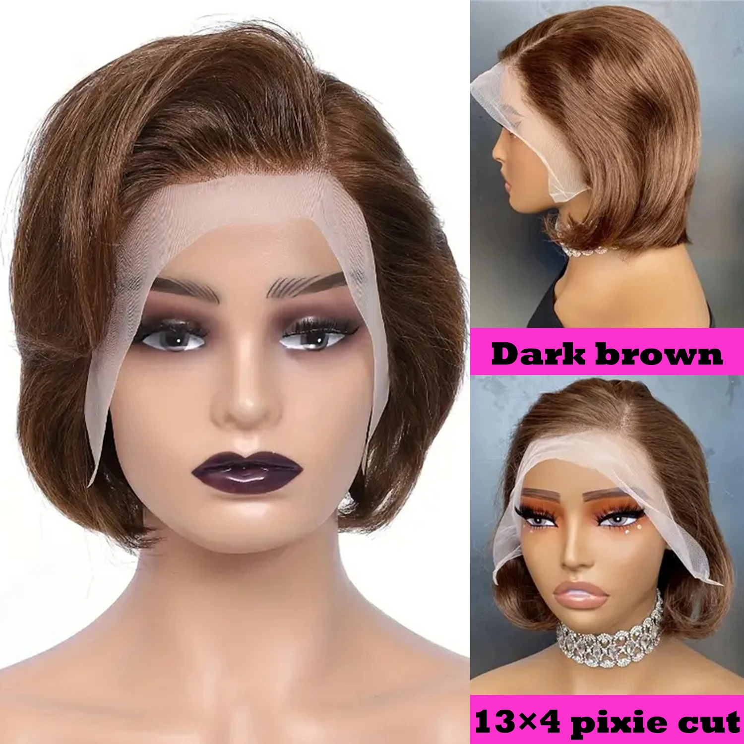 Short Pixie Cut Wig Straight Human Hair Bob Wig 13X4 Lace Front Brazilian Remy Hair Natural 6 inch Dark Brown Natural Black