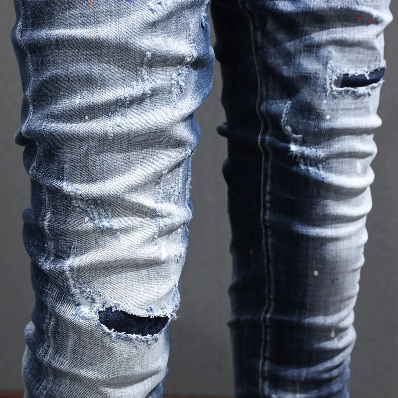 Fashion Streetwear Men Jeans Retro Blue Elastic Stretch Skinny Ripped Jeans Men Vintage Designer Trousers Painted Hip Hop Pants