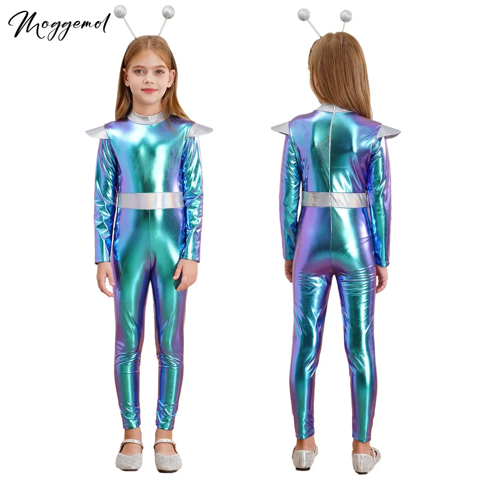 Kids Alien Outerspace Future Robot Cosplay Costume Shiny Metallic Full Length Zentai Jumpsuits Astronaut Tech Theme Party Outfit For Cosplay Costume