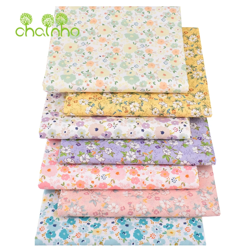Chainho,Light Color Floral Printed Plain Poplin Cotton Fabric,DIY Sewing Quilting Material For Baby&Children's Shirt,Skirt,Dress