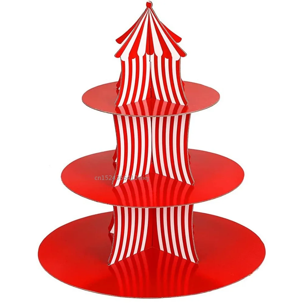 

Paper Cake Stand Three Layers Red Striped Christmas Tiered Tray Birthday Party Decoration Props Wedding Dessert Display Shelf