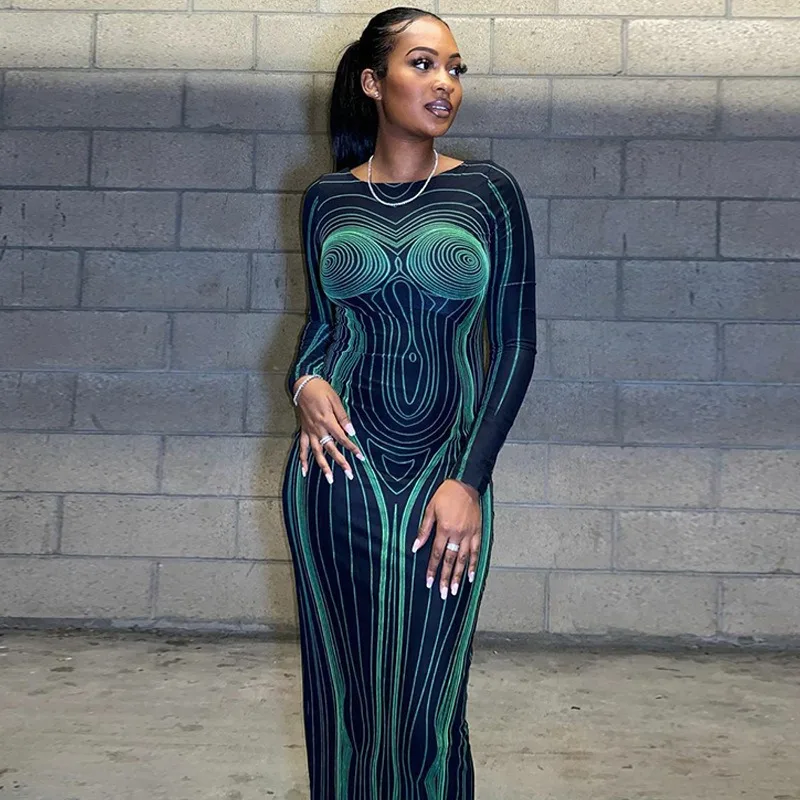

WUHE 2023 Autumn Bodycon Long Dress Fashion O Neck Geometric Print Night Club Dress Festival Outfits Night Party Clubwear
