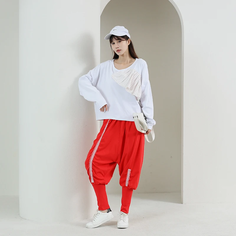 

Spliced Irregular Striped Cross-pants Spring Autumn Fashion New Loose Fit Pants Baggy Elastic Cotton Wide Leg Trousers Jogger