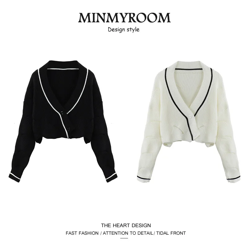 

Black White Cardigan Sweater Women Korean Style Buttons V-Neck Jumpers Casual Loose Button Up Knitted Tops Fall Winter 2022 New