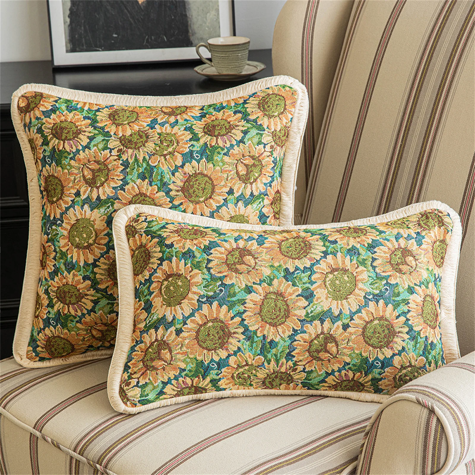 

Classical Jacquard Throw Pillow Cover Vintage oil Painting Style Sunflowers Pillow Case Cushion for Sofa Couch Bed Set of 2