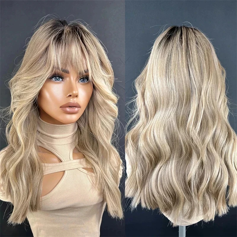 Ombre Platinum Blonde HD Transparent Synthetic Lace Front Wig Short Body Wave Bob with Bangs 18 Inch