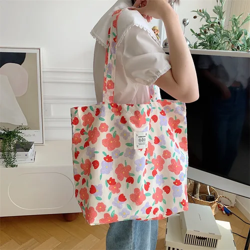 여성용 꽃무늬 캔버스 토트백, 대용량 프린트 숄더백, 쇼핑백, 여성 패션, 캐주얼 오픈 핸드백 5