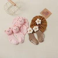 1set Flower Baby Turban Hat & Socks for Newborn Girls Bear Beanie Caps Non-slip Floor Stockings Toddler Hair Accessories 0-2Y 2