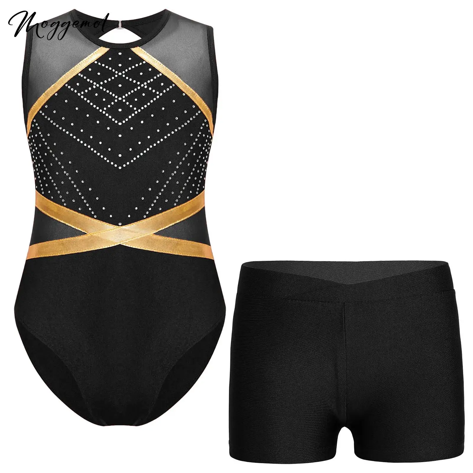 Girls Dance Costumes Kids Girls Rhinestones Gymnastics Ballet Leotard Keyhole Back Unitards Sleeveless Bodysuit with Shorts Figure Skating Dance