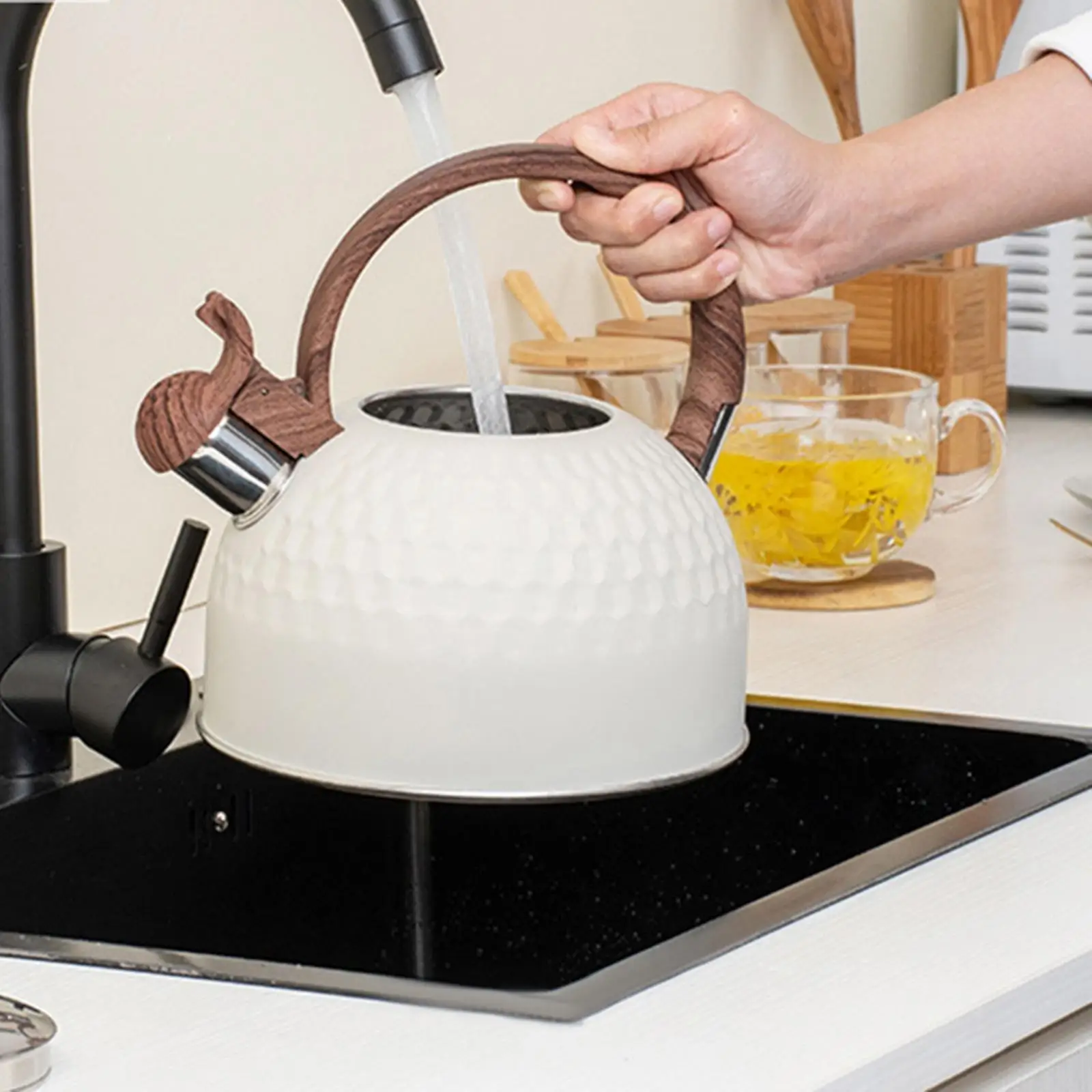 Portable Whistling Tea Kettle, , White W/ Handle Enamel Infuser for Kitchen Household