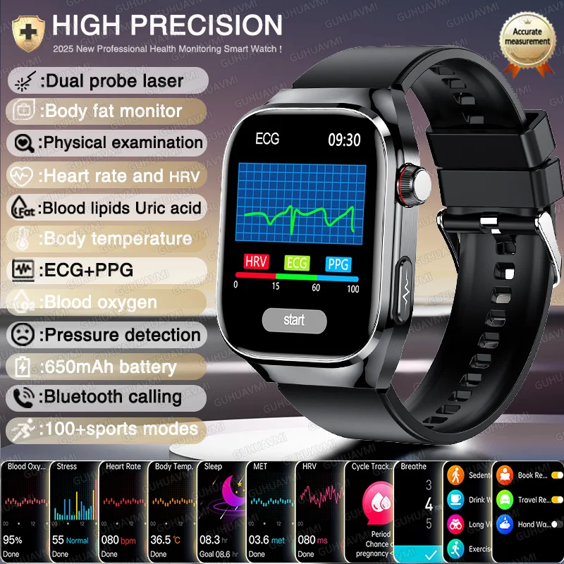 2026 AI Laserdiagnose Gesundheit Smartwatches Männer EKG + PPG Blutfette Harnsäure Herzfrequenz Blutdruck Sport Anruf Smartwatch