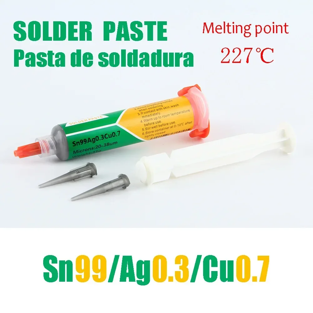 35g Sn99Ag0.3Cu0.7 227℃  syringe Solder paste 0307 high temperature no-clean syringe patch Soldering flux Soldering paste rma 223 10cc bga tin solder paste flux needle tip syringe no clean flux grease for phone smd pga pcb welding soldering tool