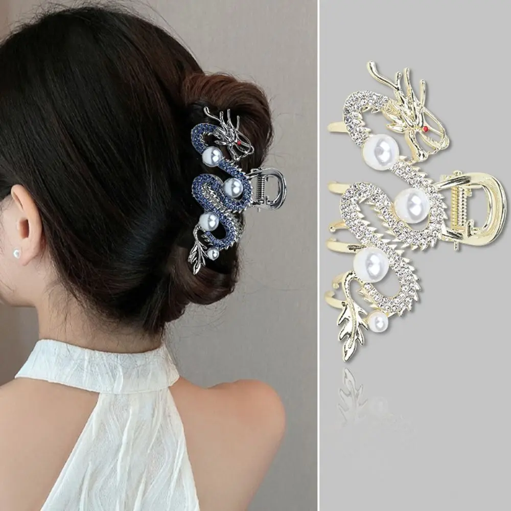 Fashion Blue Dragon Blue Dragon Hairpin Zodiac Simple Hair Claw Shark Clip Alloy Metal with Pearl Women