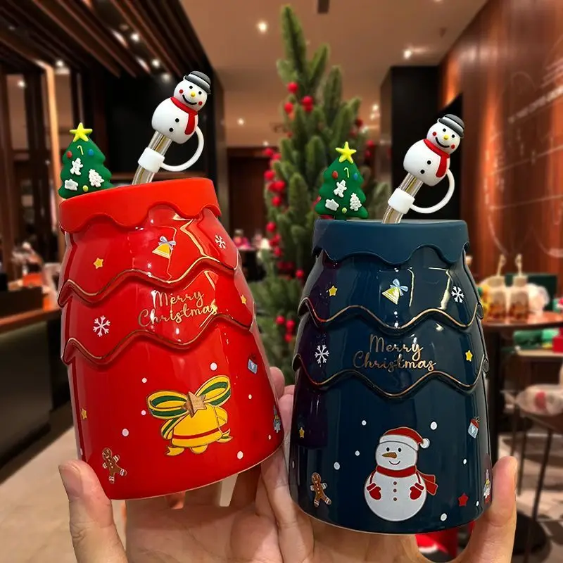 

420ml Ceramic Christmas Tree Water Cup Home Coffee Cups with Lid Office Drinking Water Breakfast Mug Creative Birthday Gift