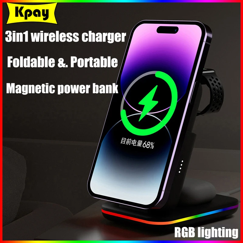 

MacSafe 3 in 1 Magnetic Power Bank Wireless Charging Station 5000mAh External Auxiliary Battery For iPhone 15 14 12 Apple Watch