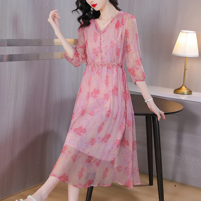 

2023 New Fashion Silk Printed Dress Women's Summer Versatile Loose Fit Vintage Silk Loose Fit Casual Dress Vesidos