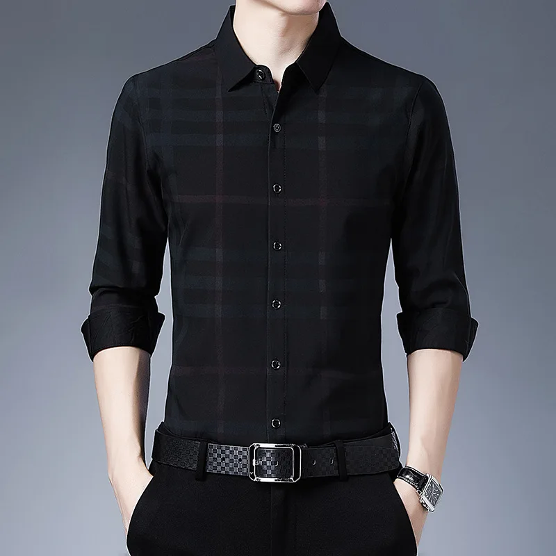 Spring and Autumn Men's Polo Collar Single Breasted Stripe Contrast Color Long Sleeve Cardigan Shirt Fashion Casual Formal Tops