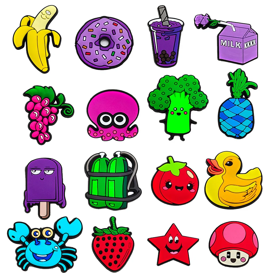 1-16PCS PVC Cartoon Shoe Charms grape octopus crab duck drink Shoe Buckle Accessories Decorations