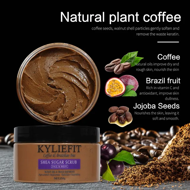 KYLIEFIT Coffee & Brazilian Nut Shea Sugar Scrub, Lightening, Whitening, Exfolilate, Nourishing, Cleaning Skin, for Face, Body 2
