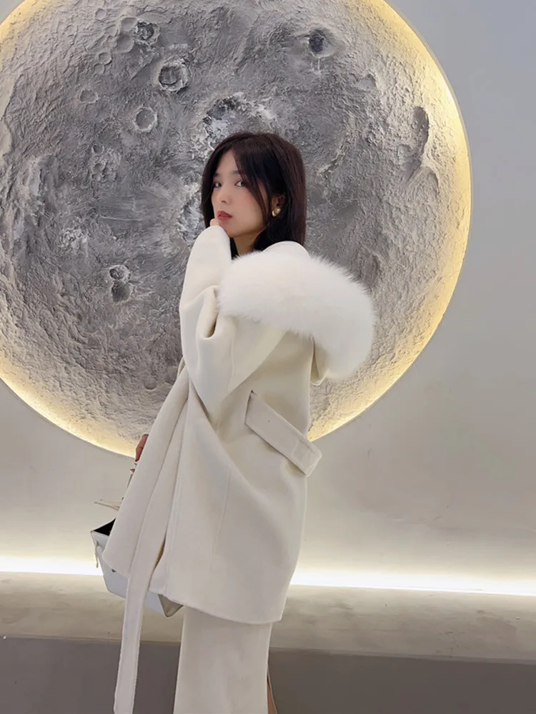 

Женское кашемировое шерстяное пальто, верхняя одежда большого размера с воротником из натурального Лисьего меха и капюшоном, зима 2023