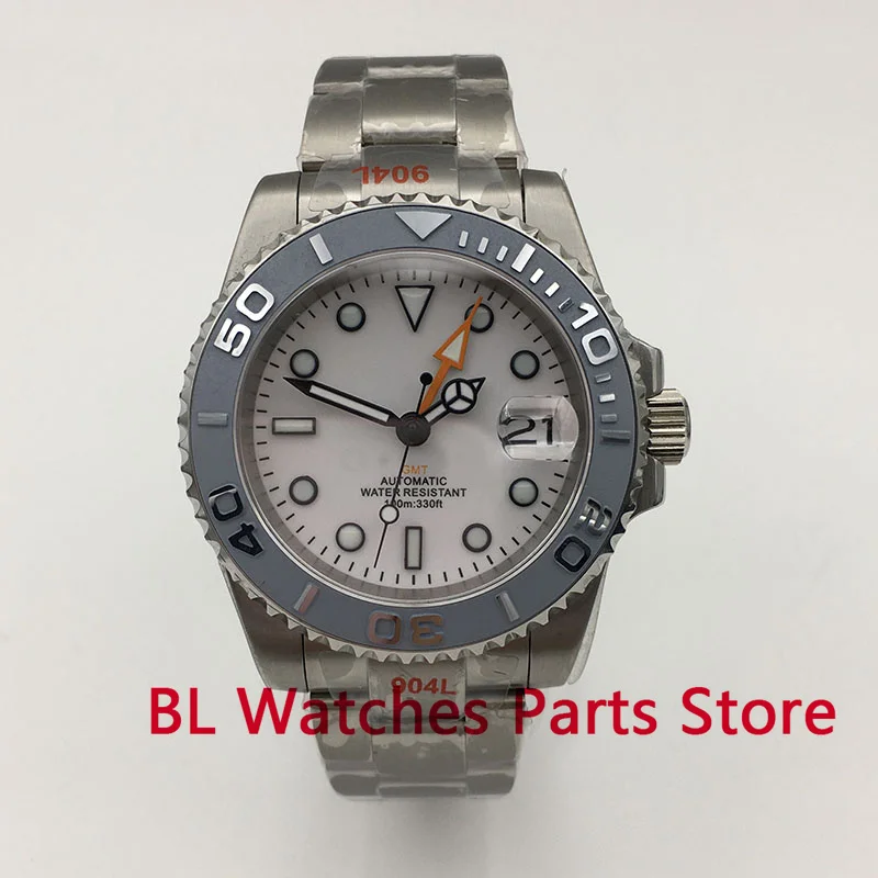 

BLIGER 40mm NH34A（GMT) Mechanical Men's Watch Sapphire Glass Brushed Oyster Bracelet Green Luminous Grey Insert White Dial
