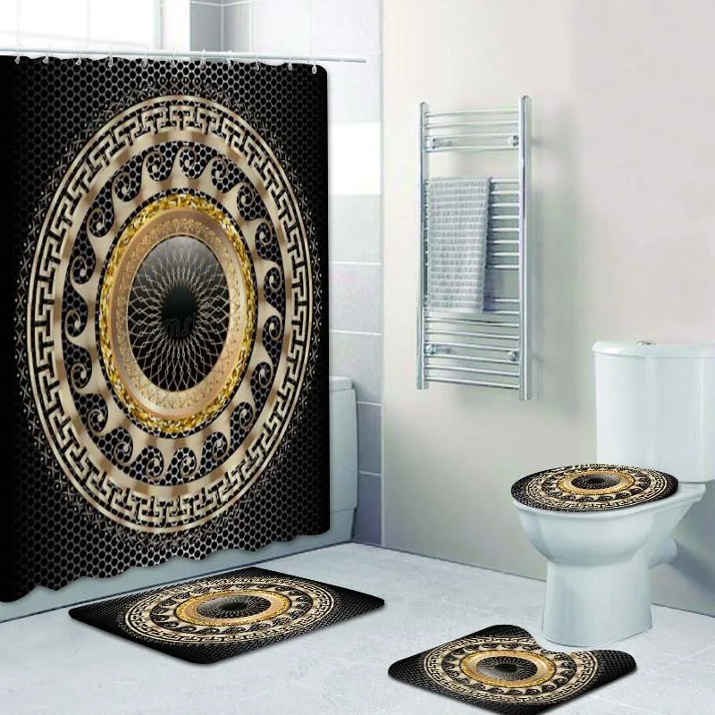 Geometric Grecian Key Meander Mandala Pattern Shower Curtain and Rug Set Bathroom Mats Rugs shower curtains