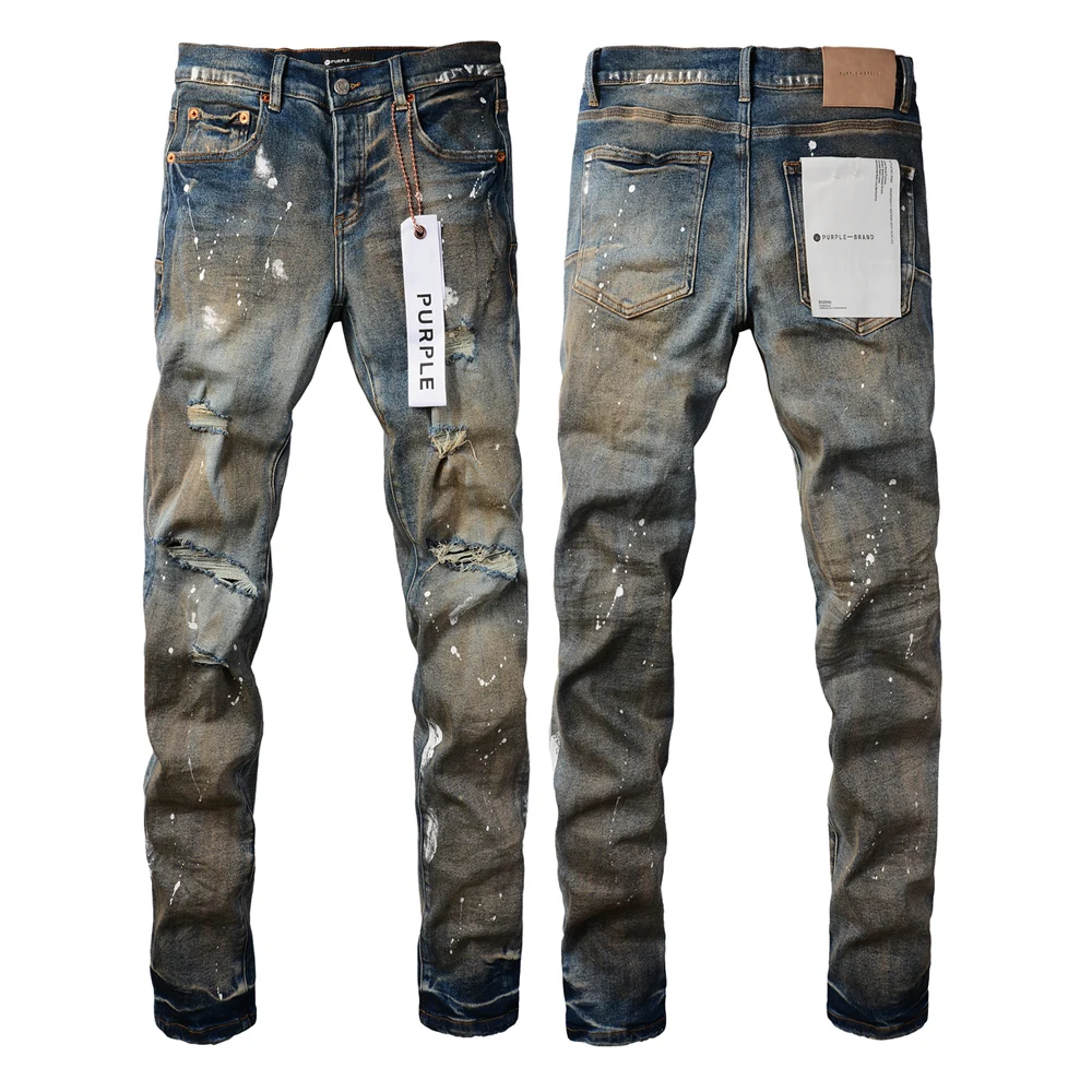 

Purple Men's High Street Denim Slim Fit Washed Make Old Damaged Destroyed Hole Stretch Jeans