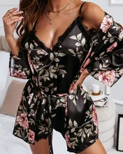 

Sexy V Neck Women Floral Print Suspender Shorts Cardigan Pajamas Three Piece Set 2022 Spring New