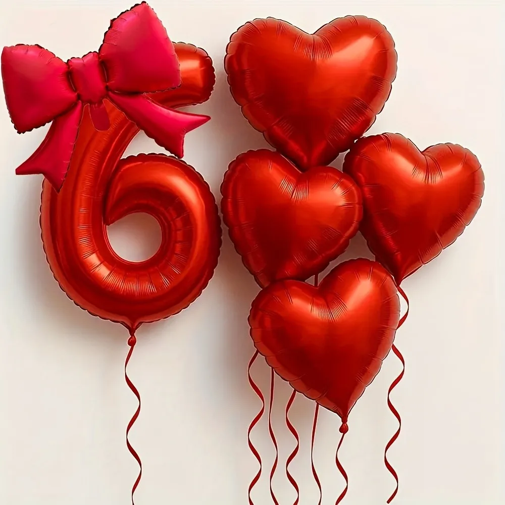 6 Teile/satz Rote Herz Folienballons Set mit 32 Zoll Zahlen und Schleife Quasten für Geburtstag, Hochzeit, Jahrestag, elegante Dekoration – Detail 14