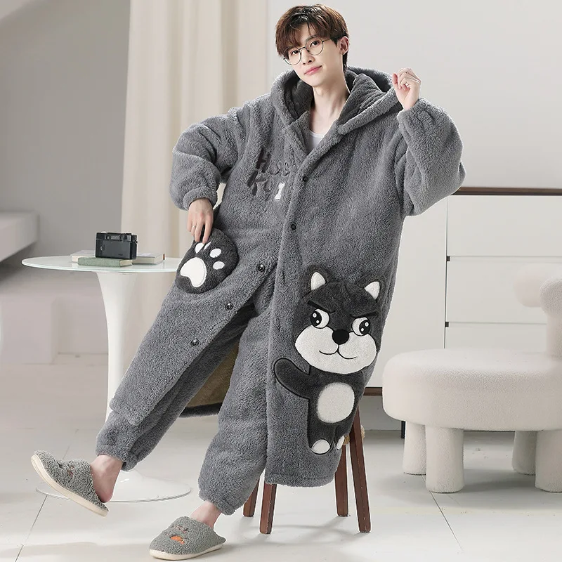 Winter Men's Hooded Coral Velvet Cartoon Pajamas Set Cute Flannel Thickened Plush Cardigan Night-robe Warm Home Clothing