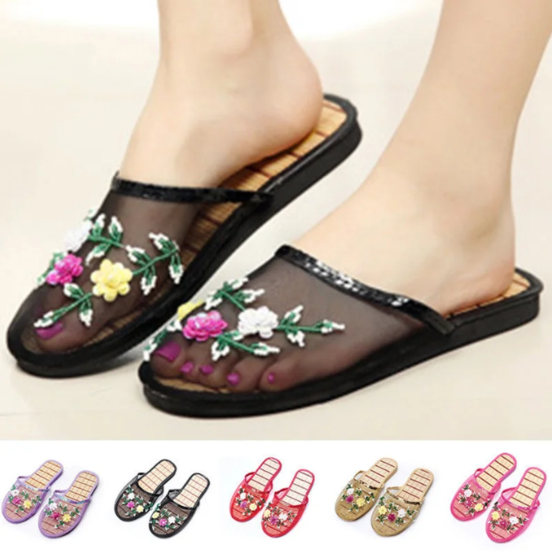 Women Flat Indoor Slippers Beads Sequin Floral Mesh Home Shoes Slip On Sandal 