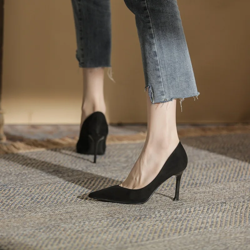 

Women's shoes Pointed high heels women's stiletto heel Nice suede fashion Korean single shoes shallow mouth black work shoes