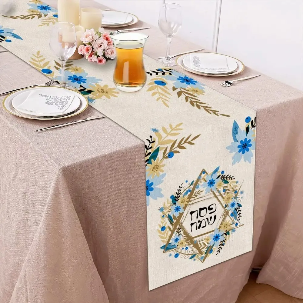 Happy Passover Blue Flower Hanukkah Linen Table Runner Home Decorations Jewish Anniversary Holiday Table Runner for Party Decor 2