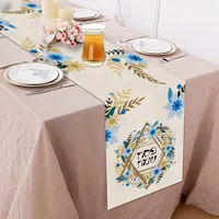 Happy Passover Blue Flower Hanukkah Linen Table Runner Home Decorations Jewish Anniversary Holiday Table Runner for Party Decor 2