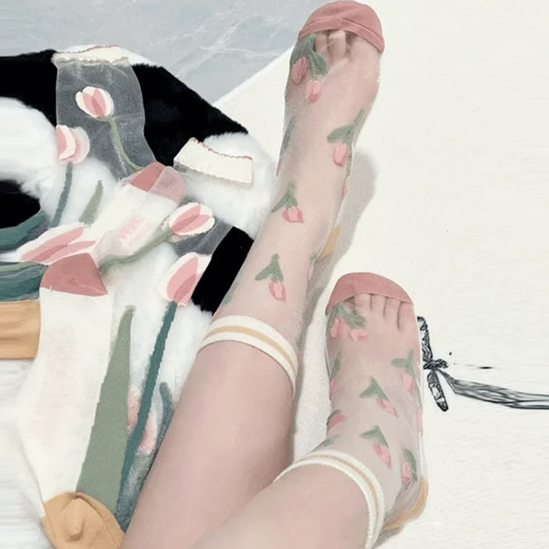 

1Pairs Japanese Korea Fashion Harajuku Women Summer Floral Transparent Silk Trend Print Ultrathin Glass Silk Socks