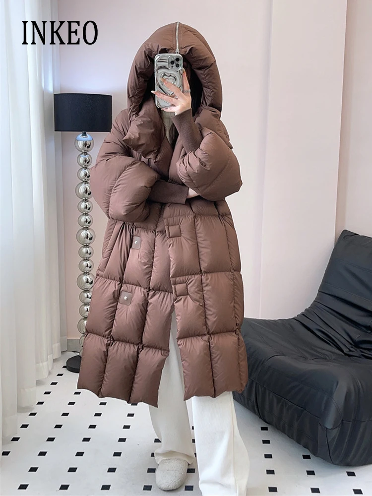 

Women Long puffer coat Thickened 2024 winter Luxury Hooded 90% white duck down jacket oversized Warm Fluffy Solid INKEO 3O358