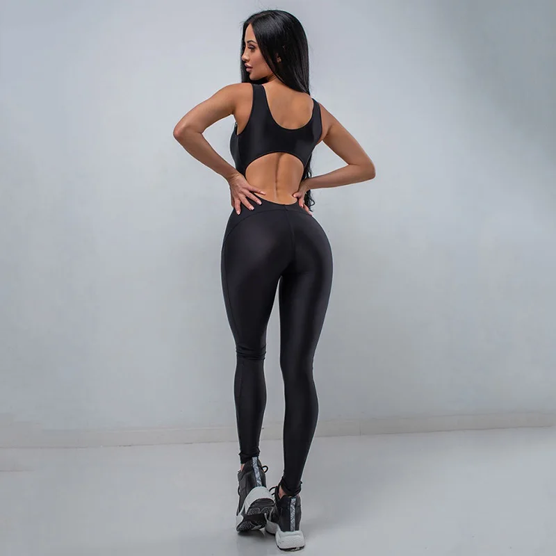 Modigirl Women's Back Hollow Out Sleeveless Sports Jumpsuits Elegant Bodycon Sportswear Sexy Black Long Jumpsuit For Women Girls