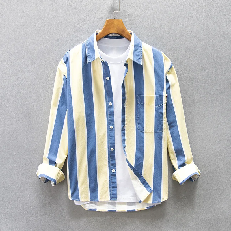 

Рубашка мужская свободного покроя с большими карманами, хлопок, удобная блуза в синюю и желтую полоску, AZ194, Осень-зима