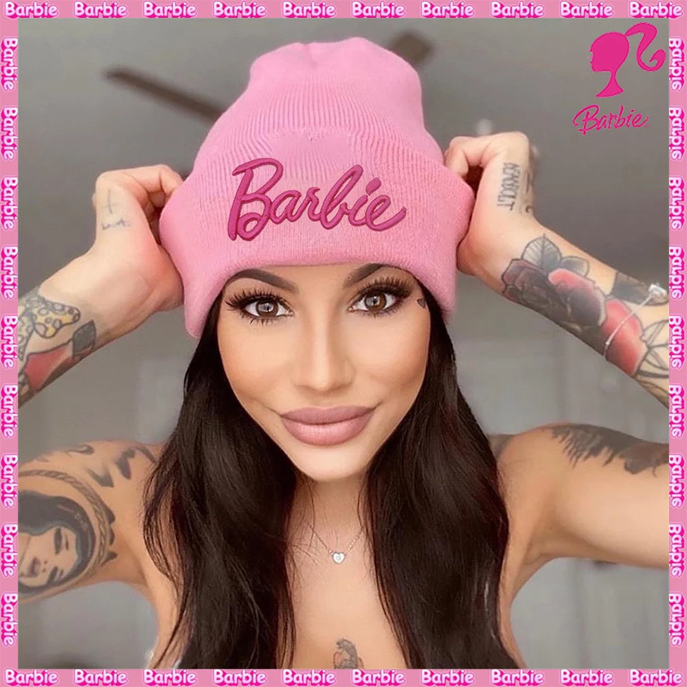 

Barbie Knitted Hat Kawaii Anime 3D Embroidery Woolen Hat Female Multi Colour Soft Cap Fashion Outdoor Warm Casual Hats Girl Gift