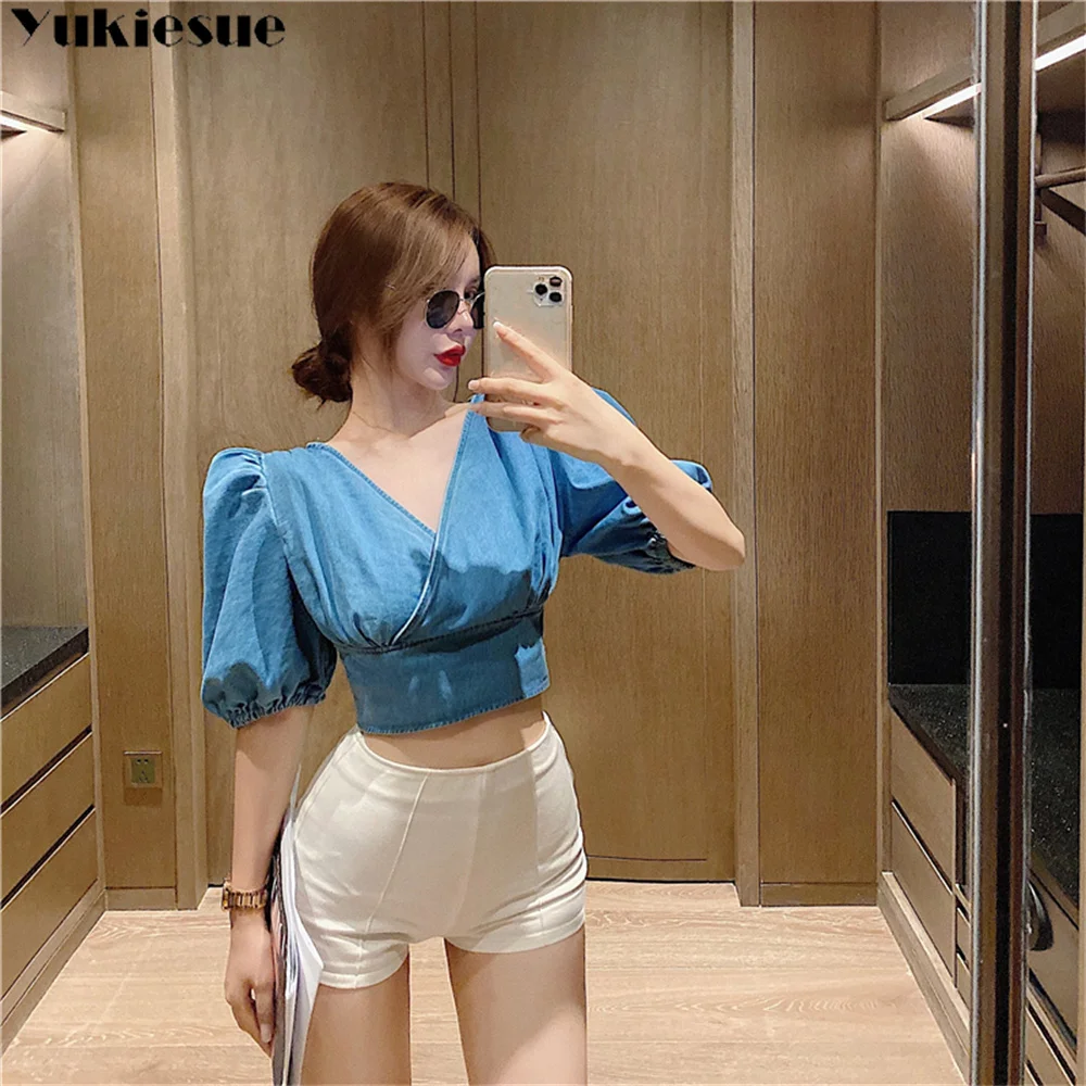 

Y2K V-neck Blouse 2022 Summer Ladies Crop Tops Fashion Women Short Shirts Camisas Mujer Chemisier Femme Vintage Blusas Clothes