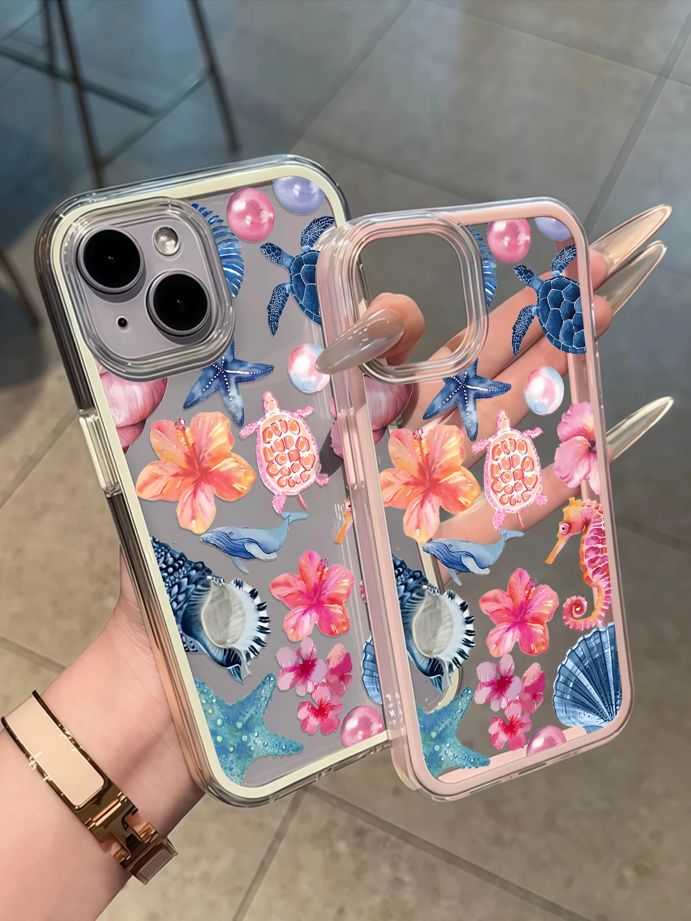 Tropical Beach Turtle & Seahorse Shell Phone Case – Vibrant Ocean-Themed Design