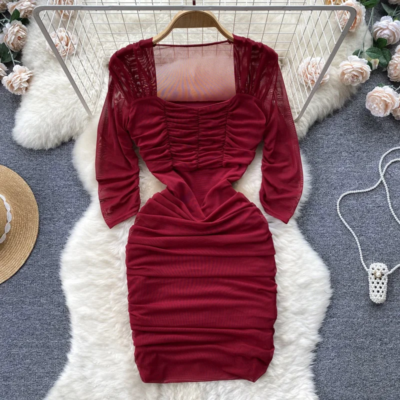 

Sexy ssTss See Through Mesh Ruched Bodycon Mini Dress Women Fashion Summer Square Neck Half Sleeve Slim Fit Club Party Dress