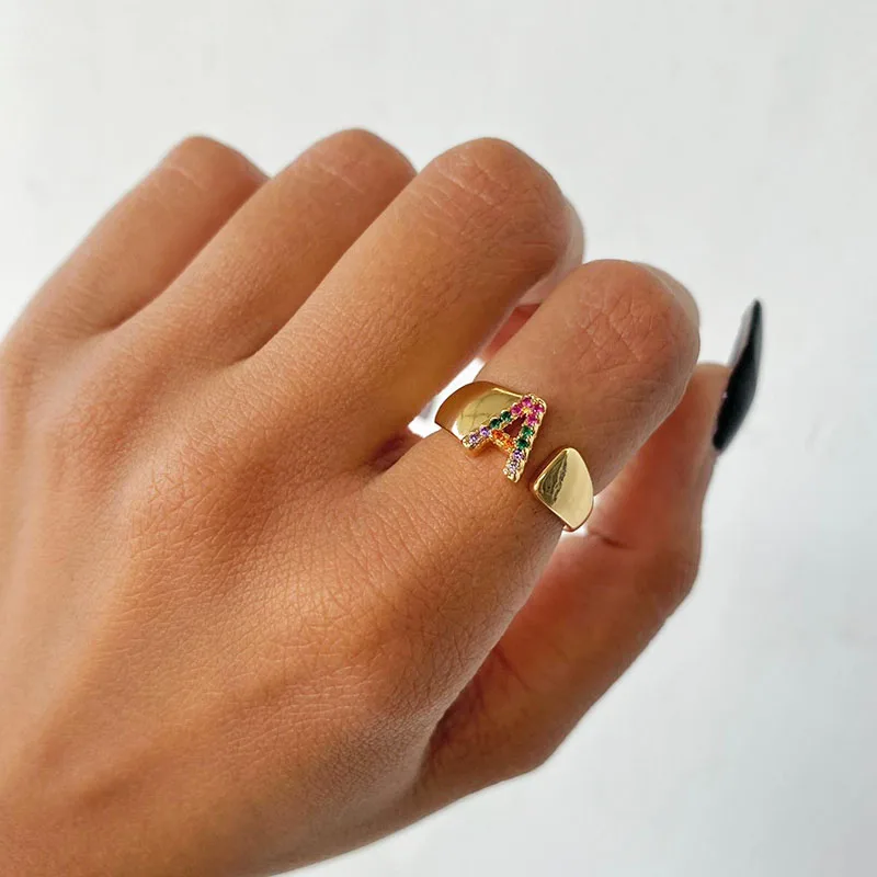Zircon Letter Rings Fashion Chunky Wide A-Z Wedding Boho Jewelry