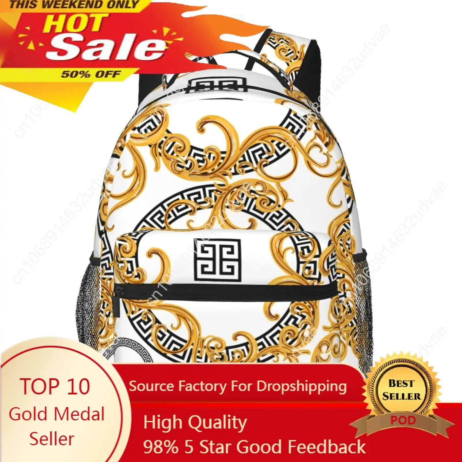 Female Backpack  Women Golden Baroque Backpack College School Bagpack Travel Shoulder Bags For Teenage Girls