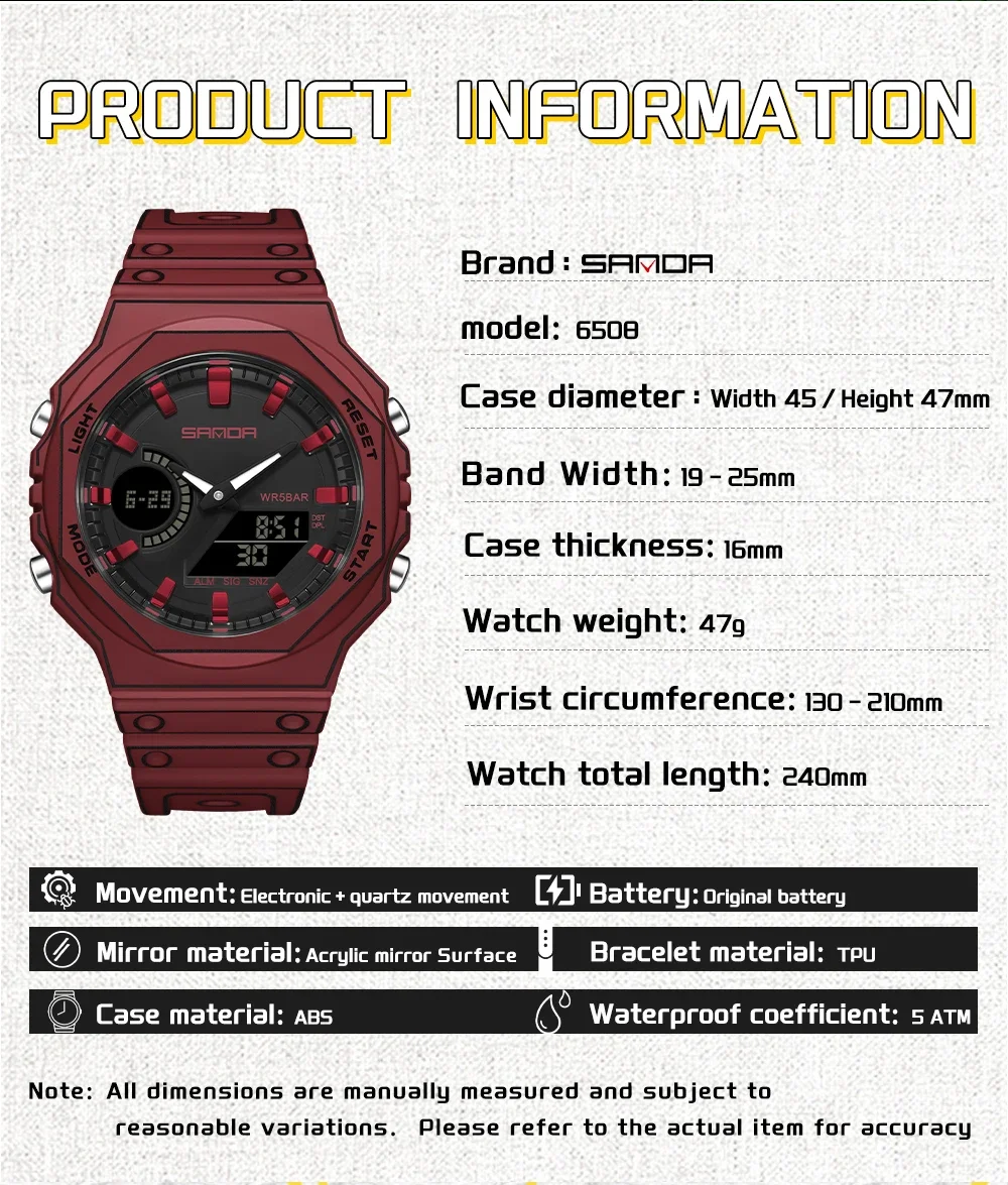 Dual Display Luminous Wristwatch with Stopwatch and Alarm